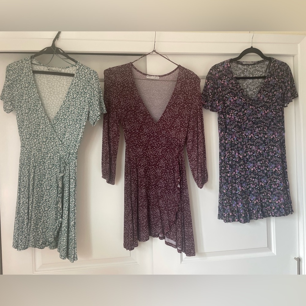 Lot 3 Pull&Bear Floral Wrap Dresses in Sage Green, Wine Red, and Black Floral